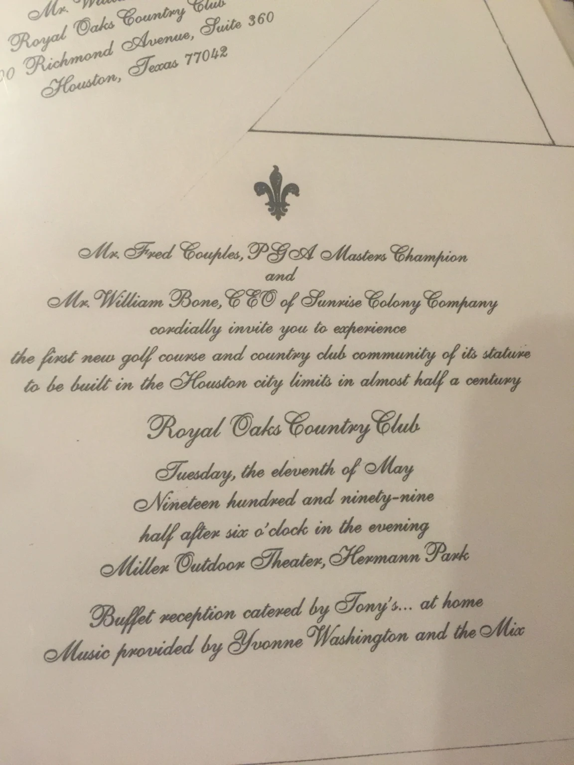 Invitation to the May 11, 1999 Royal Oaks evening reveal at Miller Outdoor Theatre.
