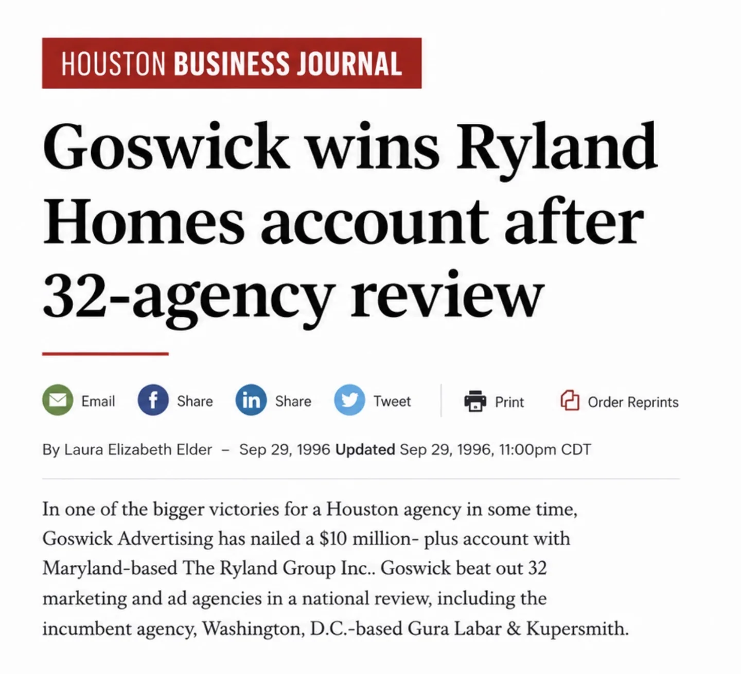 Houston Business Journal: Goswick wins Ryland Homes account after 32-agency review, September 29, 1996