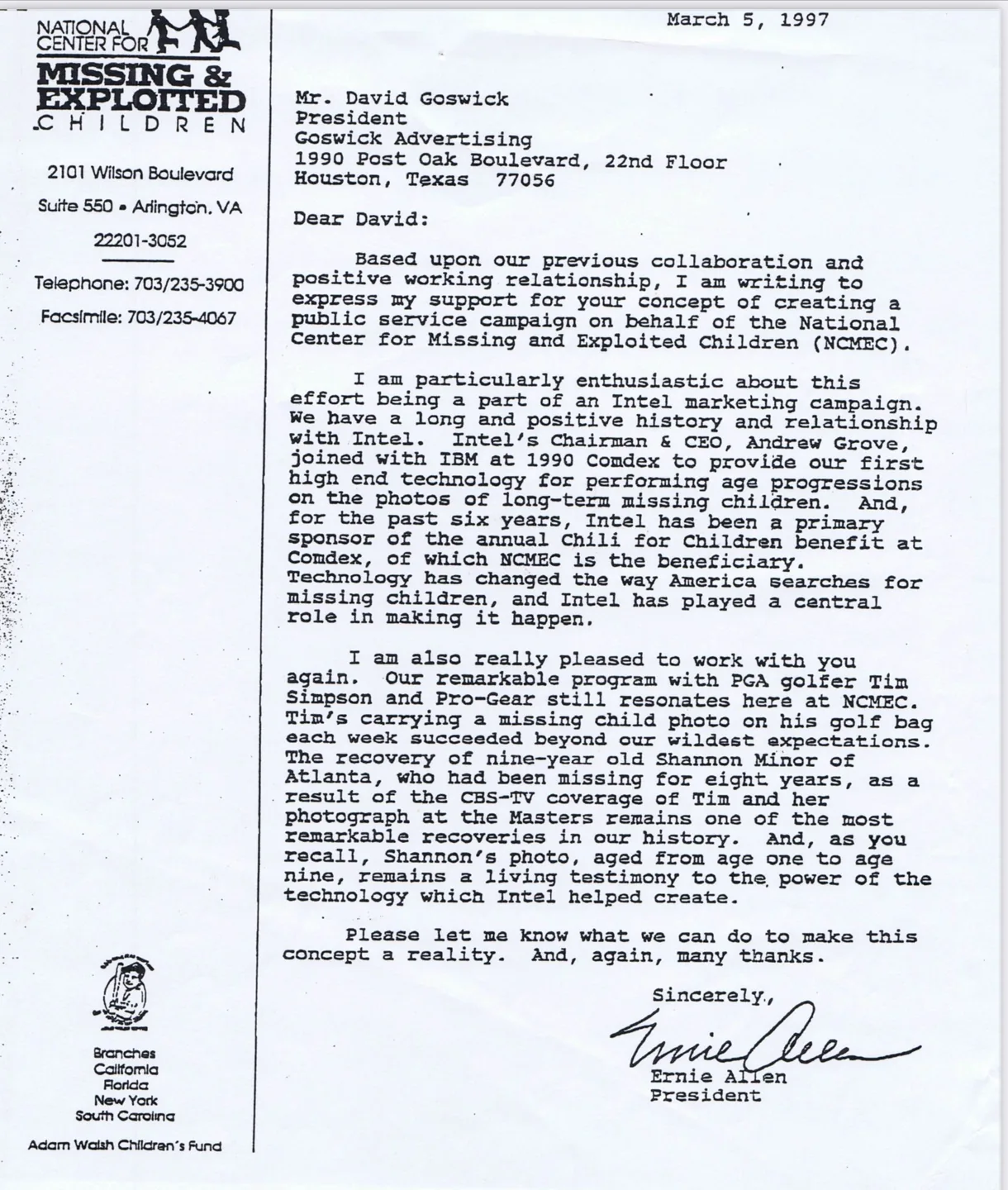 March 5, 1997 letter from NCMEC President Ernie Allen to David Goswick recalling the Tim Simpson and ProGear campaign and Shannon Minor’s recovery.