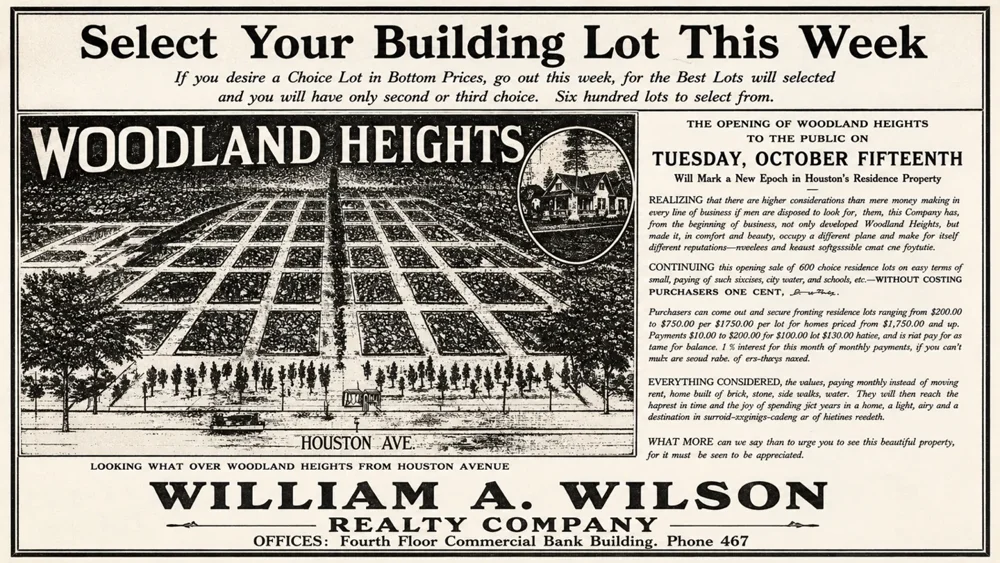 Woodland Heights lot advertisement, William A. Wilson Realty Company.