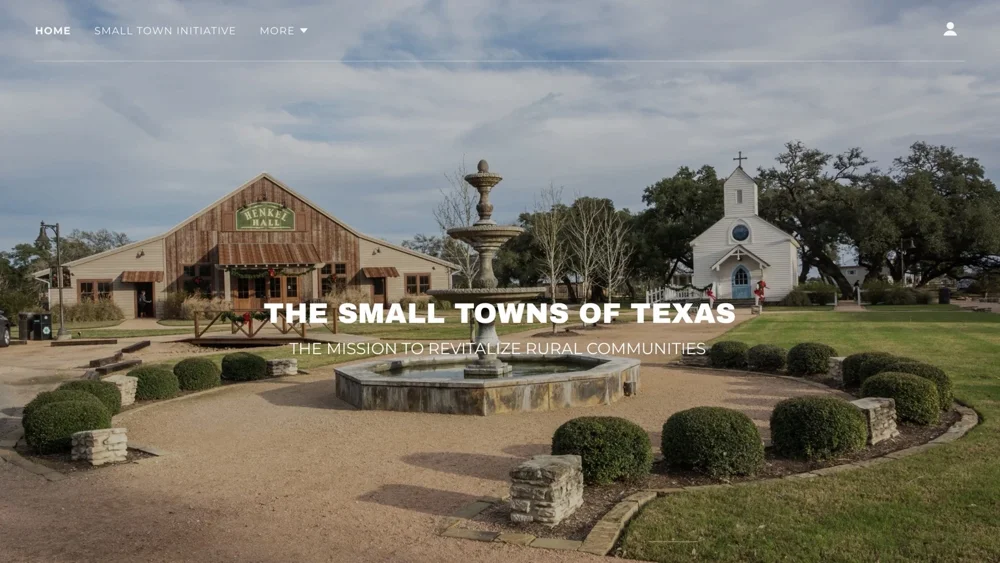 Small Towns of Texas brand presentation showing a town gathering place, fountain, and church.