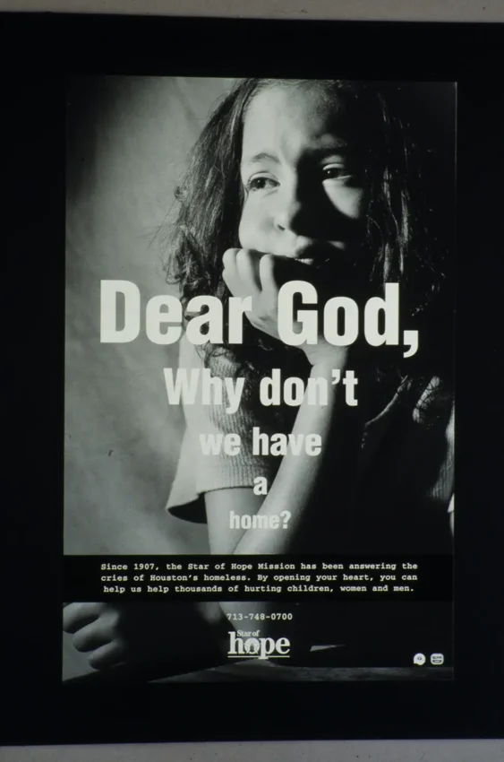 Original Star of Hope campaign advertisement showing a girl with the headline Dear God, why don’t we have a home?
